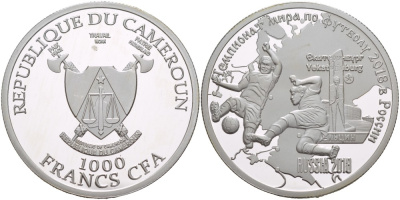 Камерун 1000 франков ND (2018) чемпионат мира по футболу - 2018, Россия, Екатеринбург KM NEW серебро PROOF 1088-2-62
