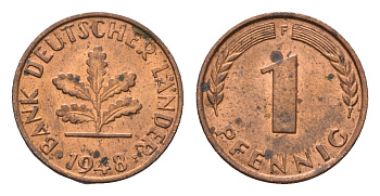 ФРГ 1 пфенниг 1948 F KM A101, J. 376 сталь плакированная медью aUNC 211-956