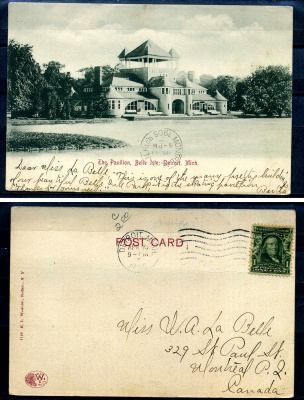 США post card - открытка 1905 павильон в Белль-Айл, Детройт, Мичиган, с маркой в 1 цент 2193-91