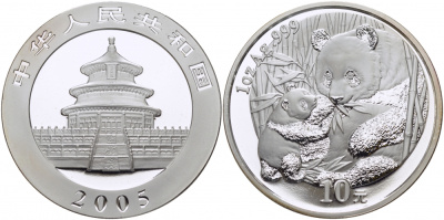 Китай 10 юаней 2005 Панда с детенышем KM 1589 серебро PROOF 1077-10-51