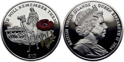 Британские Виргинские острова 10 долларов 2014 в память героев первой мировой войны, солдат верхом на верблюде, красный мак KM NEW серебро, эмаль  PROOF  1071-1-43