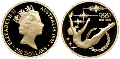 Австралия набор из 3 монет - 200 долларов и 2 по 20 долларов 1993 100 лет Олимпийскому движению KM 218, 219, 220 золото, серебро PROOF 4-3-4-16