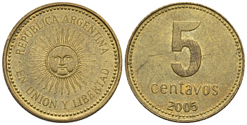 Аргентина 5 сентаво 2005 майское солнце KM 109, CJ 2, Schon 109 алюминиевая бронза 4609-1243