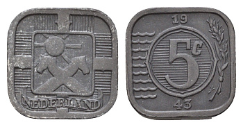 Нидерланды 5 центов 1943 Вильгельмина (1890-1948) KM 172 цинк 44-1129