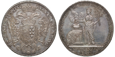 Нюрнберг 1 конвенцталер 1763 с титулом Франца I, черезвычайно редкий в такой сохранности Dav. 2488, Kellner 340 серебро XF-UNC 10-017-08