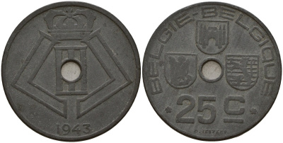 Бельгия 25 сантимов 1943 Belgie - Belgique, Леопольд III (1934-1947), германская оккупация, Вторая мировая война KM 132 цинк 4157-541