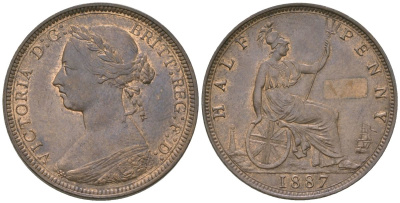 Великобритания 1/2 пенни 1887 Виктория (1837-1901) KM 754, Spink 3956 бронза aUNC 4163-833