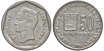 Венесуэла 50 боливаров 2004 Y 82 сталь плакированная никелем 4606-544