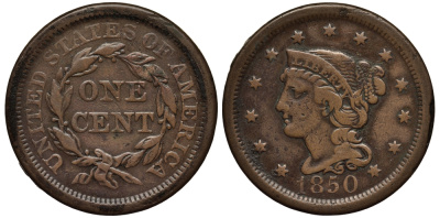 США 1 цент 1850 большой формат, Braided hair  медь    1531-131