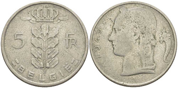 Бельгия 5 франков 1949 Belgie, Леопольд III (1934-1951) KM 135.1 медно-никель 119-747