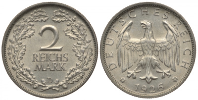 ГЕРМАНИЯ 2 РЕЙХСМАРКИ 1926 D J. 320, KM 45 серебро aUNC 603-242