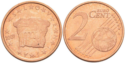 СЛОВЕНИЯ 2 ЕВРОЦЕНТА 2007 КНЯЖЕСКИЙ КАМЕНЬ ВЛАСТИ KM 69 сталь плакированная медью UNC 214-368