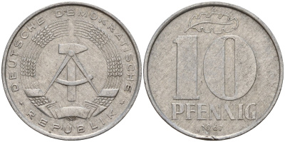 ГДР 10 пфеннигов 1967 A KM 10 алюминий 27-346
