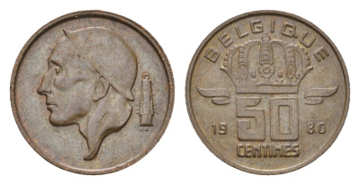 Бельгия 50 сантимов 1980 Belgique KM 148 бронза 4684-767