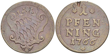 Бавария 1 пфенниг 1766 Максимилиан III Иосиф (1745-1777) КМ 237 медь 201-237
