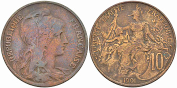 ФРАНЦИЯ 10 САНТИМОВ 1901 ТИП ДАНИЭЛЬ ДЮПЮИ KM 843, LA FRANC 136.11 бронза 109-142