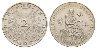 Австрия 2 шиллинга 1930 700 лет со дня смерти Вальтера фон дер Фогельвейде KM 2845 серебро aUNC 4653-631