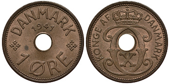 Фарерские острова 1 эре 1941 Кристиан X (1912-1947), датские территории KM 1 бронза UNC 100-643