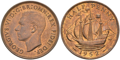 Великобритания 1/2 пенни 1952 Георг VI (1936-1952) KM 844, Spink 4118 бронза 4592-1132