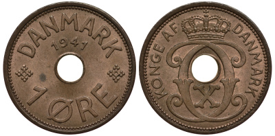 Фарерские острова 1 эре 1941 Кристиан X (1912-1947), датские территории KM 1 бронза UNC 100-643