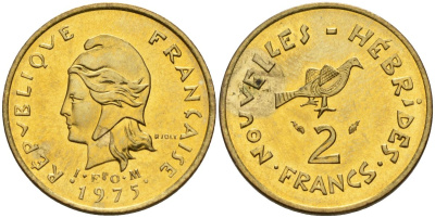 Французские Новые Гебриды 2 франка 1975 заморские территории KM 5.2 никель-латунь 4154-212