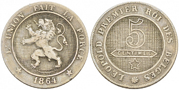 Бельгия 5 сантимов 1864 BELGES KM 21 медно-никель 4127-235