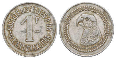 Мадагаскар торговый жетон 1 франк ND (1920) Компания по добыче золота Andavako?ra KM Tn3 алюминий 00-810-20