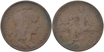 ФРАНЦИЯ 5 САНТИМОВ 1910 ТИП ДАНИЭЛЬ ДЮПЮИ KM 842, LE FRANC 119.22 бронза 28-611