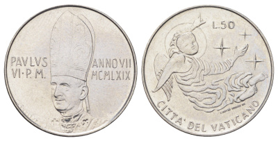 Ватикан 50 лир 1969 MCMLXIX, год-тип KM 113 нержавеющая сталь UNC 4700-642