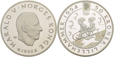 НОРВЕГИЯ 50 КРОН 1992 ОЛИМПИЙСКИЕ ИГРЫ 1994 ГОДА В ЛИЛЛЕХАММЕРЕ, ДЕТИ НА САНКАХ KM 439 серебро PROOF 1087-7-51