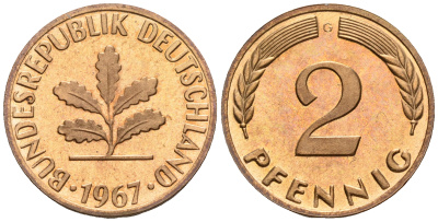 ФРГ 2 пфеннига 1967 G KM 106, J.381 бронза PROOF 1094-7-85