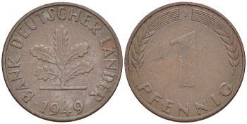 ФРГ 1 ПФЕННИГ 1949 J KM А101, J.376 сталь плакированная медью 3718-211
