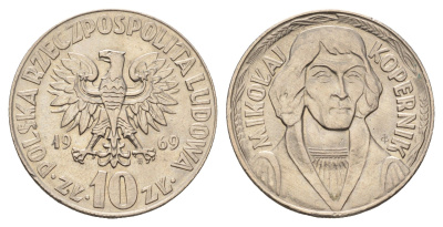 Польша 10 злотых 1969 MW, Николай Коперник Y 51a медно-никель UNC 86-1243
