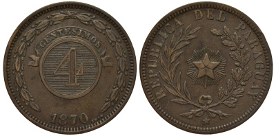 ПАРАГВАЙ 4 СЕНТИСИМО 1870 ГОД ТИП KM 4.1 медь 4179-1345