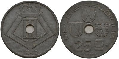 Бельгия 25 сантимов 1942 Belgie - Belgique, Леопольд III (1934-1947), германская оккупация, Вторая мировая война KM 132 цинк 4157-523