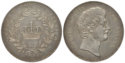 Бавария 1 талер 1826 (конвенцталер) KM 373, AKS 75, J. 23, Thun 47, Kahnt 74 серебро aUNC 00-000-00