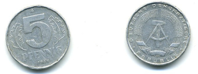 ГДР 5 ПФЕННИГОВ 1968 А KM 9.1 алюминий 59-1343