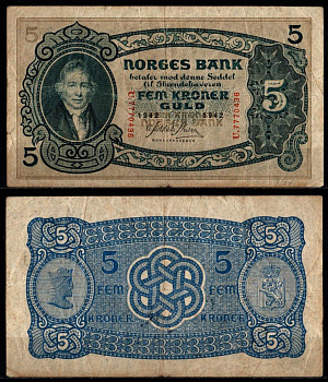 Норвегия 5 крон 1942 Вильгельм Фриман Корен Кристи (1-й председатель норвежского парламента) Pick 7 c бумага 451-1226-2
