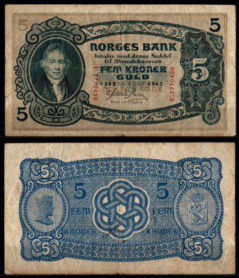 Норвегия 5 крон 1942 Вильгельм Фриман Корен Кристи (1-й председатель норвежского парламента) Pick 7 c бумага 451-1226-2
