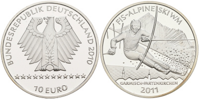 ФРГ 10 евро 2010 А, Чемпионат мира по горнолыжному спорту 2011 года в Гармиш-Партенкирхене KM 298, DE.S. 10.50 серебро PROOF 1076-4-25