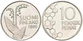 ФИНЛЯНДИЯ 10 ПЕННИ 1999 М, ЛАНДЫШ KM 65 медно-никель 192-1148