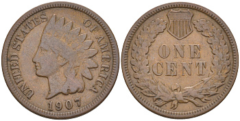 США 1 ЦЕНТ 1907 ИНДЕЕЦ KM 90a бронза 187-1128