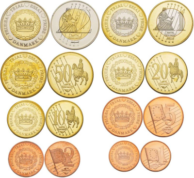 Дания набор из 8 монет 2002 PROBE, ESSAI, европробники большого формата, в капсулах биметалл PROOF 5-4-1-97