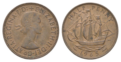 Великобритания 1/2 пенни 1965 Елизавета II (1952-2022) KM 896, Spink 4158 бронза 4662-1245