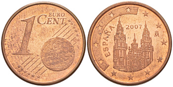 ИСПАНИЯ 1 ЕВРОЦЕНТ 2007 KM 1040 сталь плакированная медью 100-234