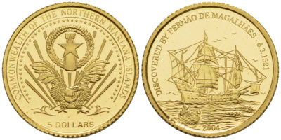 Северные Марианские острова 5 долларов 2004 Путешествие Магеланна, корабли золото PROOF 00-811-08