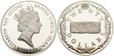 Британские Виргинские острова 20 долларов 1985 золотой брусок KM 56 серебро  PROOF 00-00