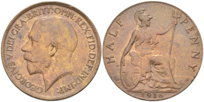 Великобритания 1/2 пенни 1916 Георг V (1910-1936) KM 809, Spink 4056 бронза 1518-1415