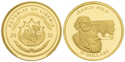 Либерия 25 долларов 2001 Марко Поло  золото  PROOF  00-812-32