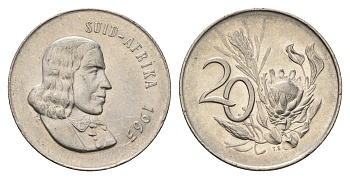 ЮАР 20 центов 1965 Ян ван Рибек (1619-1677), Suid Africa, легенда на африкаанс, цветок протея KM 69.2 никель 4693-646